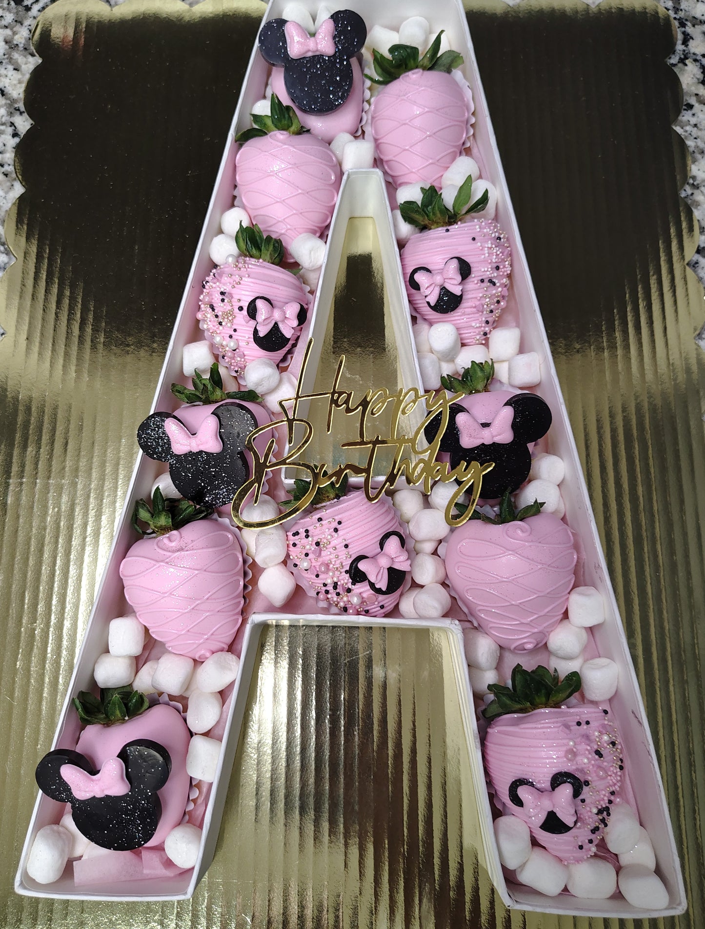 Minnie Mouse Letter/Number Board with Chocolate Covered Strawberries.