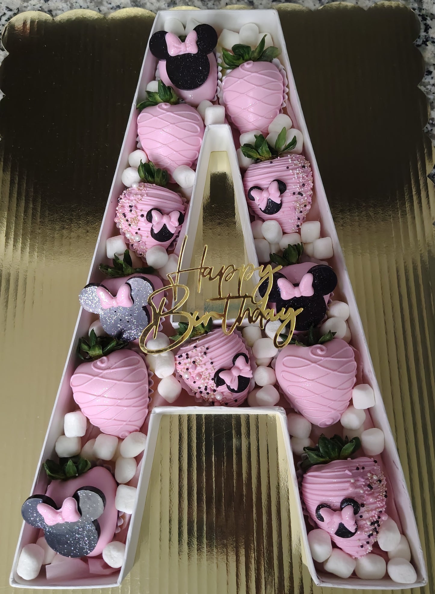 Minnie Mouse Letter/Number Board with Chocolate Covered Strawberries.